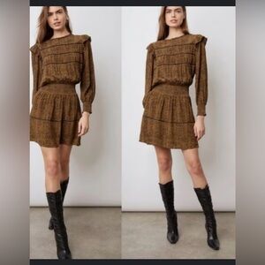 Rails Faren Dress Sepia Python Brown Ruffle Smocked Waist Long Sleeve Mini L